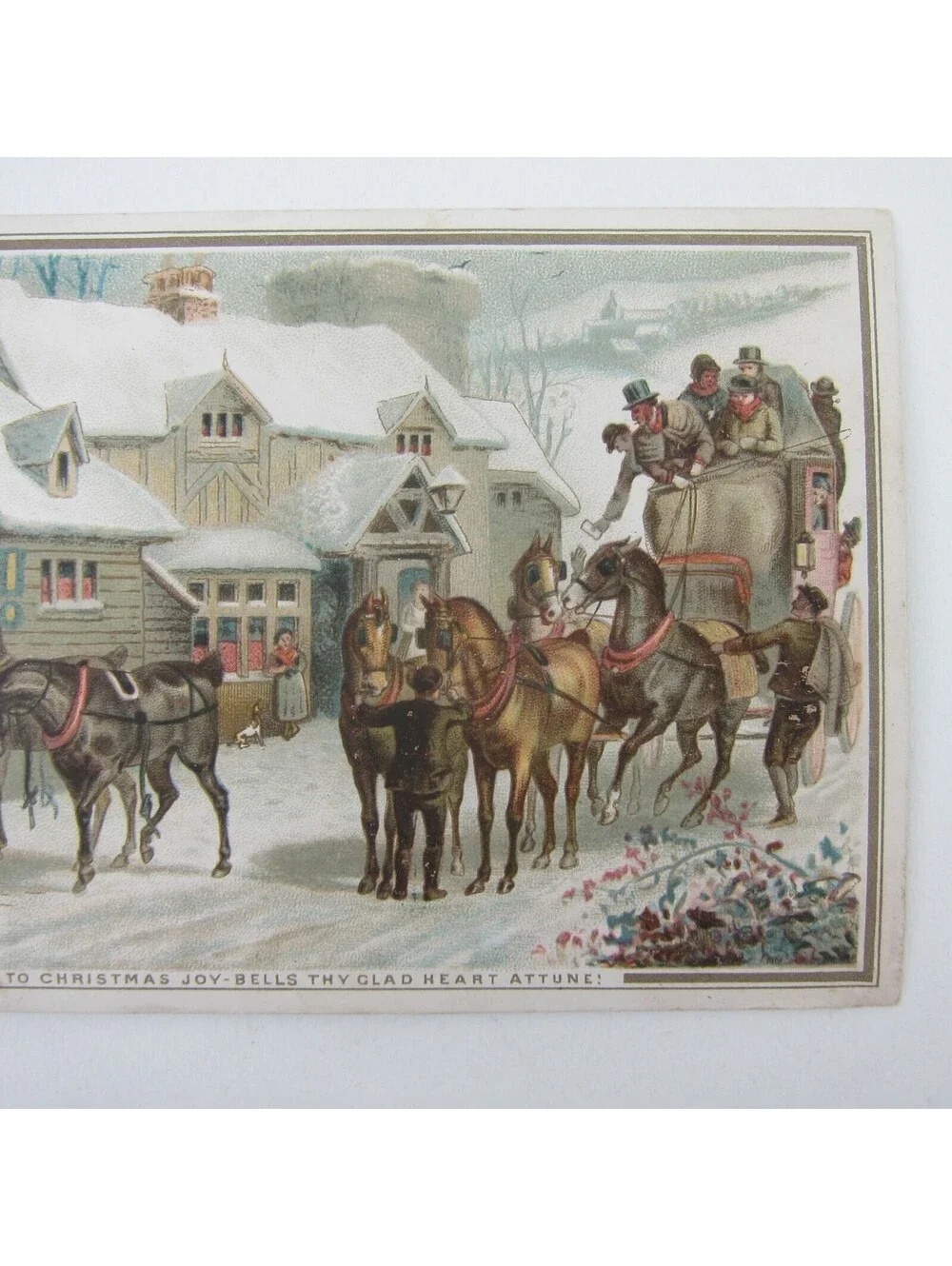 Victorian Greeting Card Christmas Stagecoach Horses Snowy Stables Antique